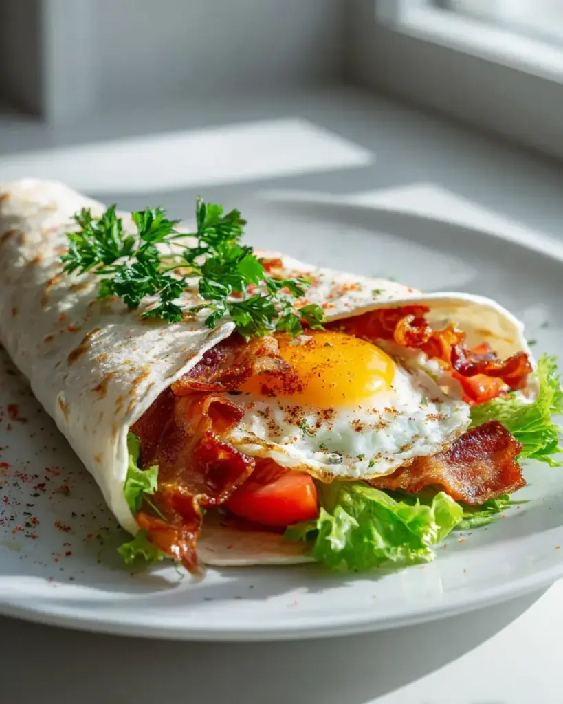 Perfekter Frühstücks-Wrap: Rinderbacon, Salat, Tomate & Ei!