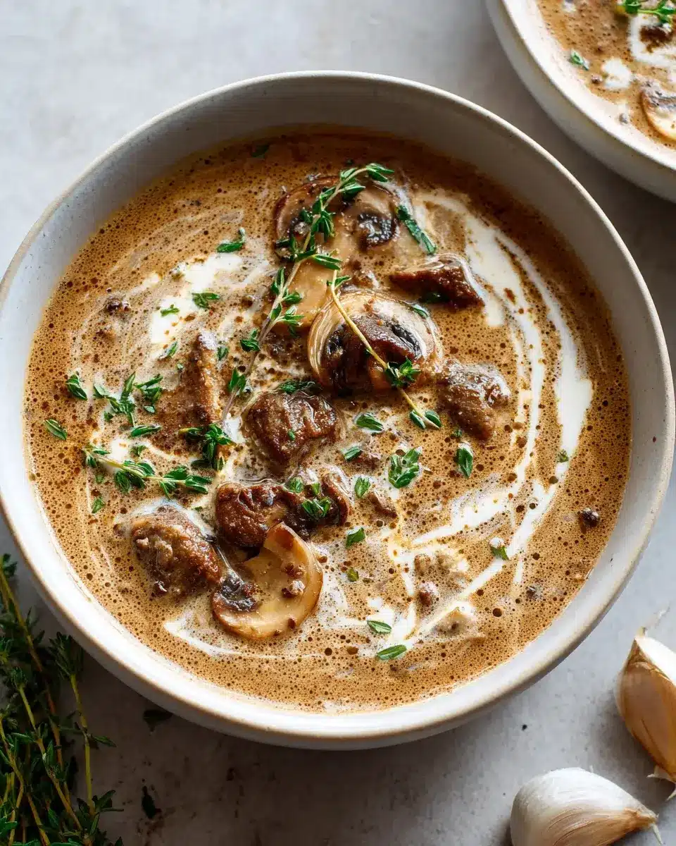 Cremige Rinder-Champignon Suppe mit Knoblauch & Thymian 4 Cremige Cbeef Champignon Suppe Mit Knoblauch Und Thymian