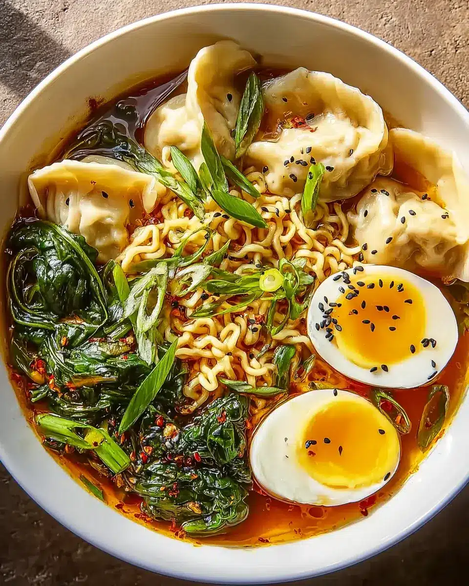 Leckere Dumpling-Ramen-Bowl mit Rindfleisch genießen! 4 Dumpling Ramen Bowl