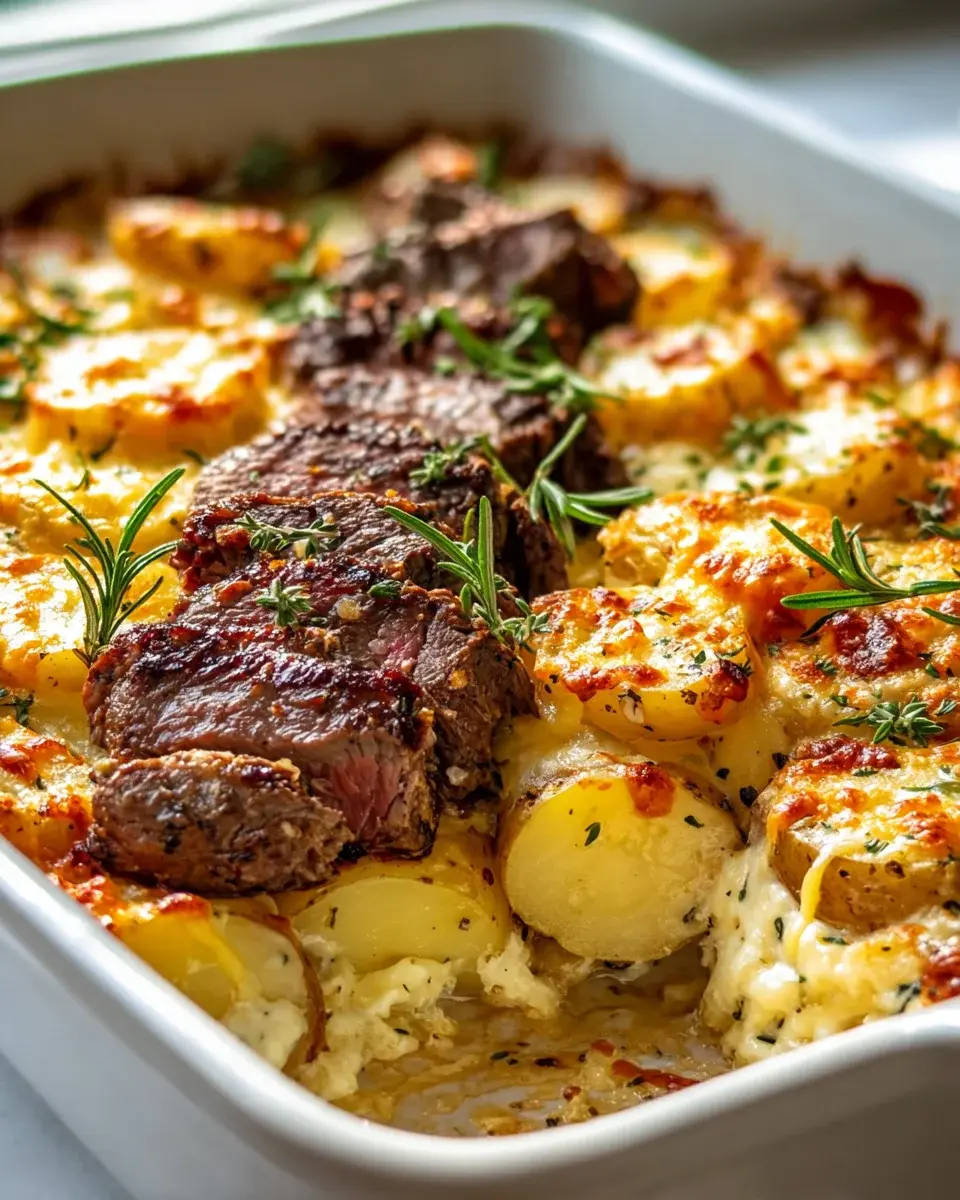 Knoblauchbutter Steak Cheddar Kartoffelauflauf – Herzhaft lecker! 4 Garlic Butter Steak Cheddar Potato Bake
