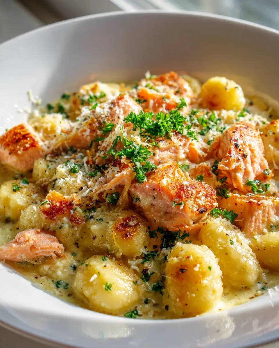 Garlic Parmesan Salmon Gnocchi Bake