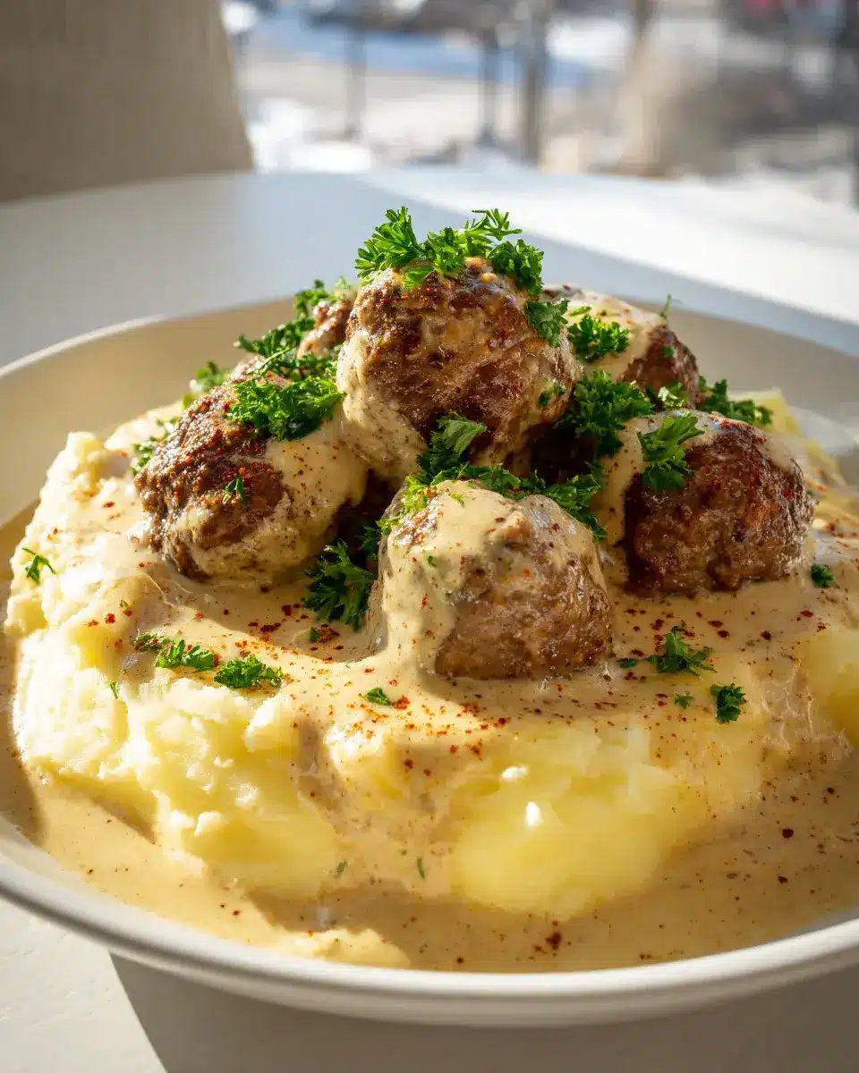 Leckere Hackbällchen in cremiger Sauce & Kartoffelpüree. 4 Hackbällchen in cremiger Sauce mit Kartoffelpüree