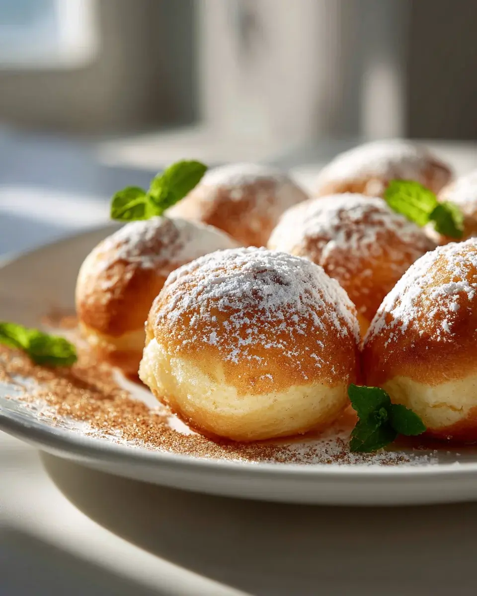 Airfryer Quarkbällchen: Schnell & Lecker aus der Heißluftfritteuse 4 Goldbraune, fluffige Quarkbällchen frisch aus dem Airfryer auf einem Teller angerichtet und mit Puderzucker bestäubt, bereit zum Genießen