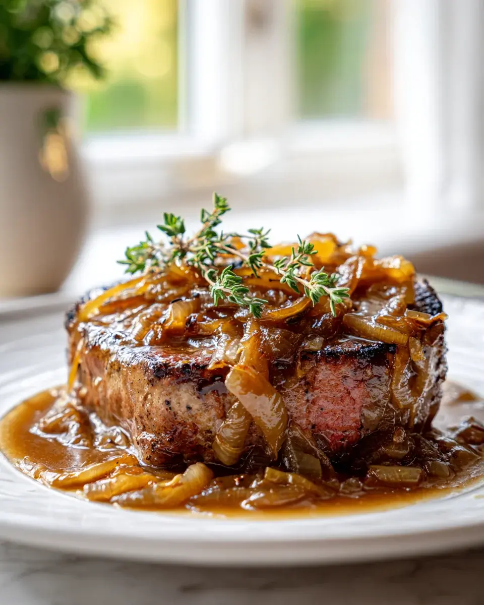 Saftige Rinderkoteletts: Französische Zwiebel-Karamellsoße 4 Rinderkoteletts mit karamellisierten Zwiebeln
