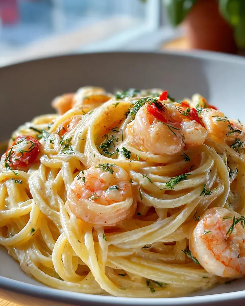 Spaghetti mit Garnelen in cremiger Frischkäsesauce genießen 4 Spaghetti mit Garnelen in Frischkäsesauce